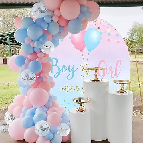 Miniatura 7 de Fondo redondo de revelación de género para niños o niñas, fondo de globo de lunares azules y rosas, revelación de género, suministros de fiesta de