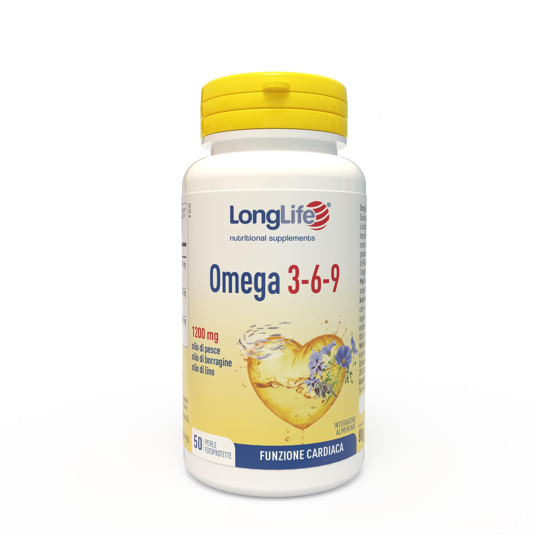 LongLife® Omega 3-​6-​9 | Con olio di pesce, borragine e lino | EPA e DHA per la funzionalità cardiaca | Benessere pelle e membrane cellulari | Perle fotoprotette | Senza glutine