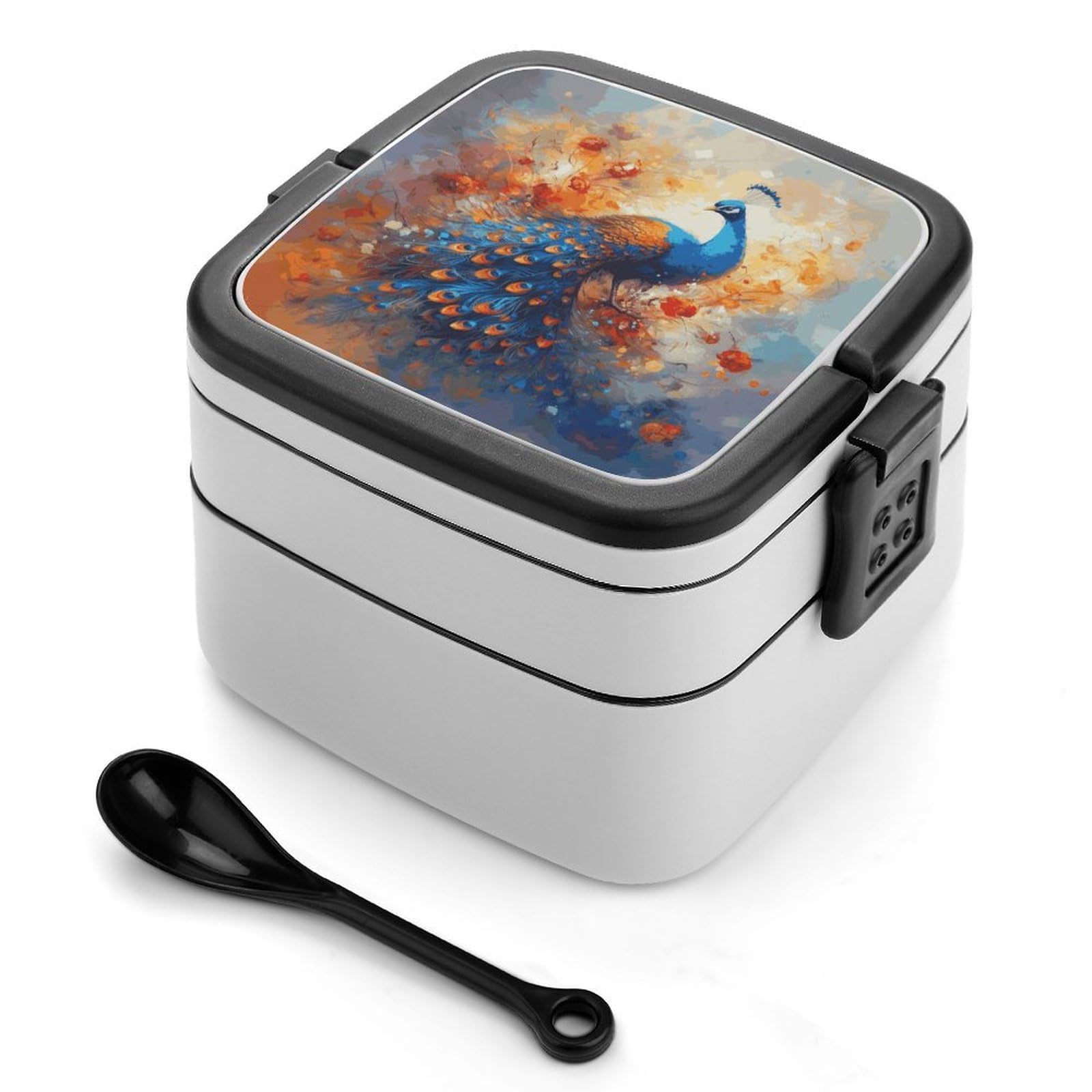 FekiLoot Peacock2 Bento Box Adult Lunch Box Sealed Bento Lunch Boxes with Spoon Sturdy Double Layer Bento Boxes Snap-on Design Leak Proof Lunch Containers Ideal for Work