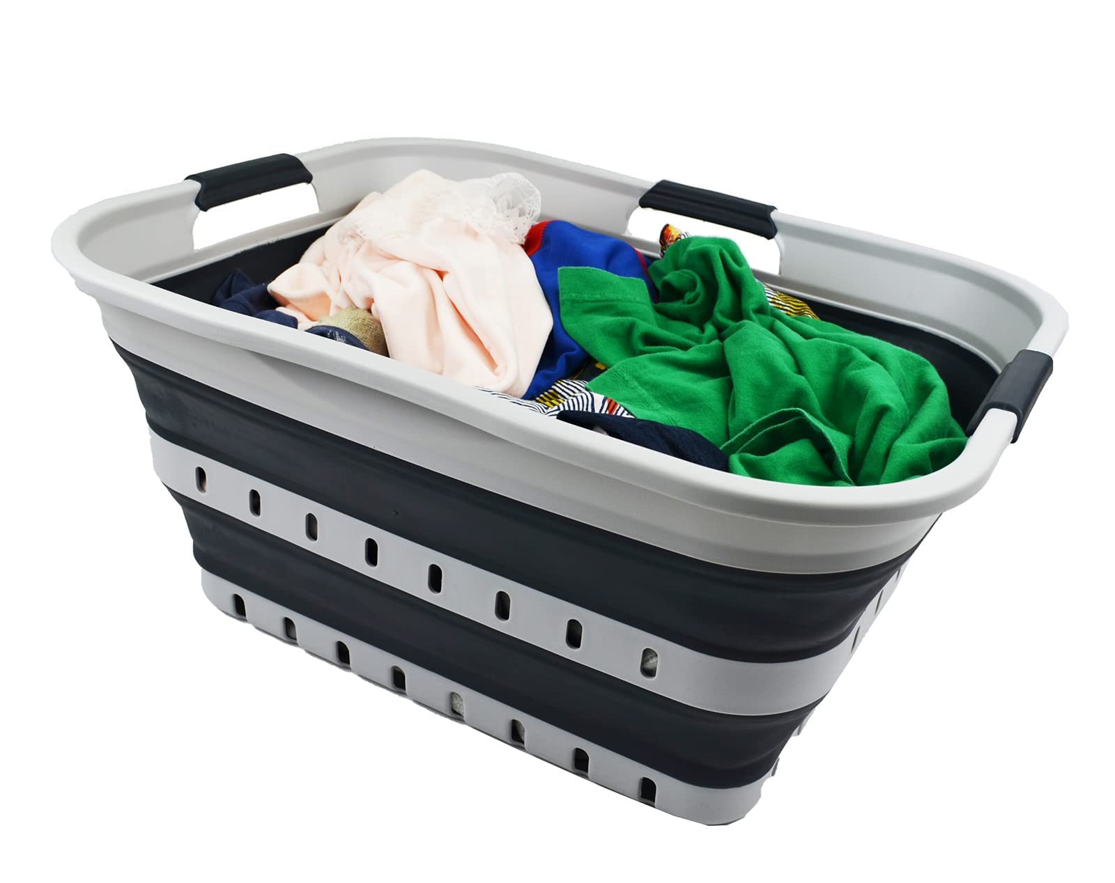 SAMMART Cesto Portabiancheria Pieghevole Pop-up 42L In Plastica, Bianco/Grigio – Salvaspazio