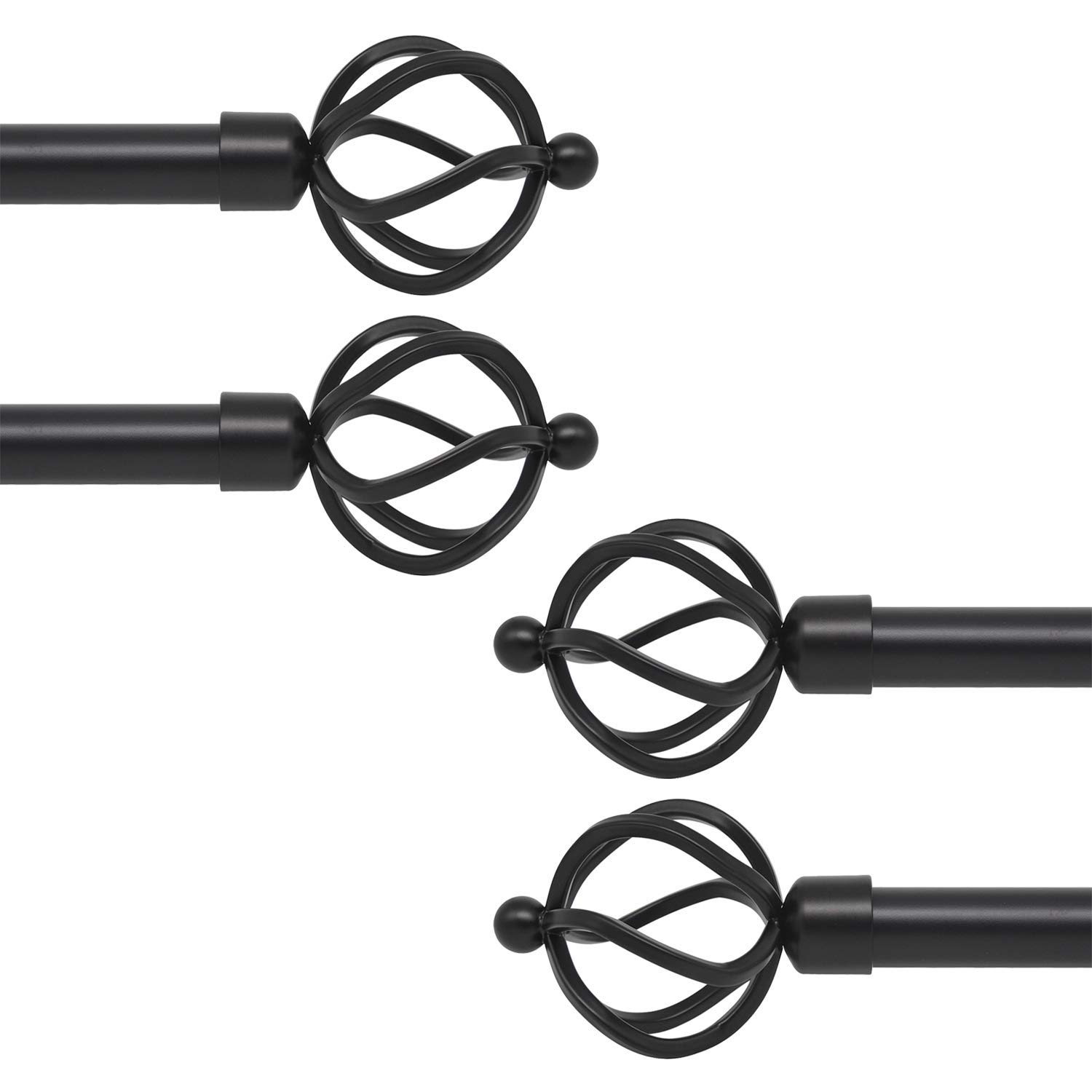 KNOBWELL 1" Inch Curtain Rods Single Window Rod, Refined Twisted Cage Finials, 22 to 42 Inches, Black Cafe Window Rods, 4 Pack