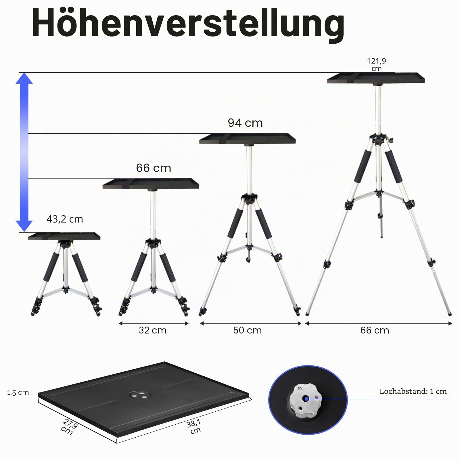 SKERELL Beamer Ständer Multifunktionaler Bodenständer für Projektor Laptop Kamera, Tragbarer Aluminium verstellbar Höhe 18-48 Zoll, mit Platte Kugelkopf Tragetasche, 33LB Silber
