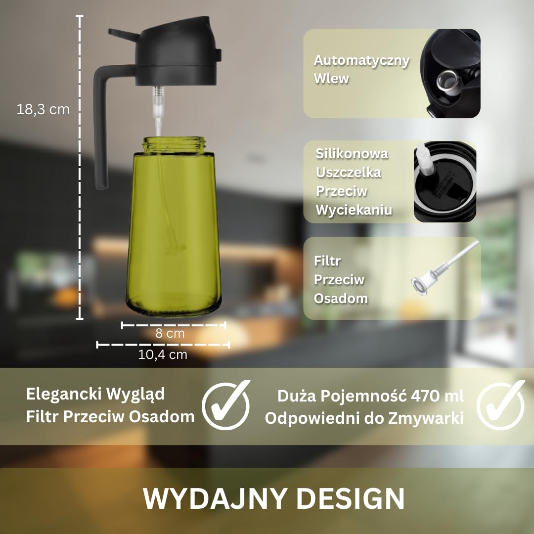2-w-1 Spray i Dozownik Oleju – 470ml | Ciemnozielone Szkło z Ochroną UV przed Słońcem | Butelka Antykapiąca na Oliwę do Kuchni, Grilla, Frytkownicy, Zdrowe Gotowanie, Świeżość Smaku