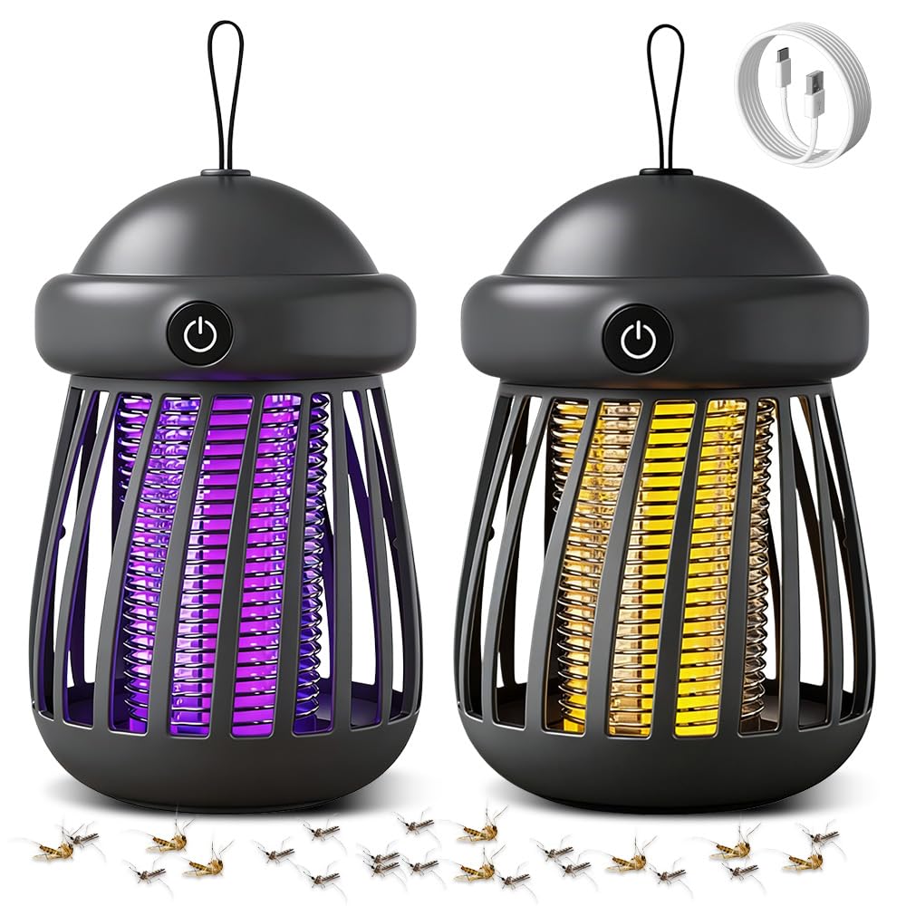 2PCS Mosquito Killer Lamp, 2 in 1 LED Bug Zappers Electric Zapper, 3000V Insect Pest Rechargeable Fly Killer, Auto 360° Electric Fly Zapper, Portable Insect Pest Fly Killers for Indoor Outdoor