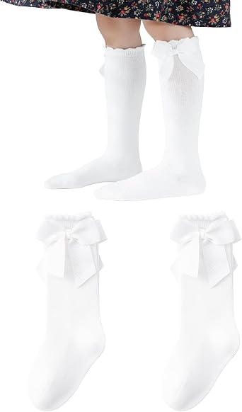 Baby Knee High Socks Toddler Cotton Long Socks,Stockings with Bow Ruffle Tube Sock for 0-6 Years Girls