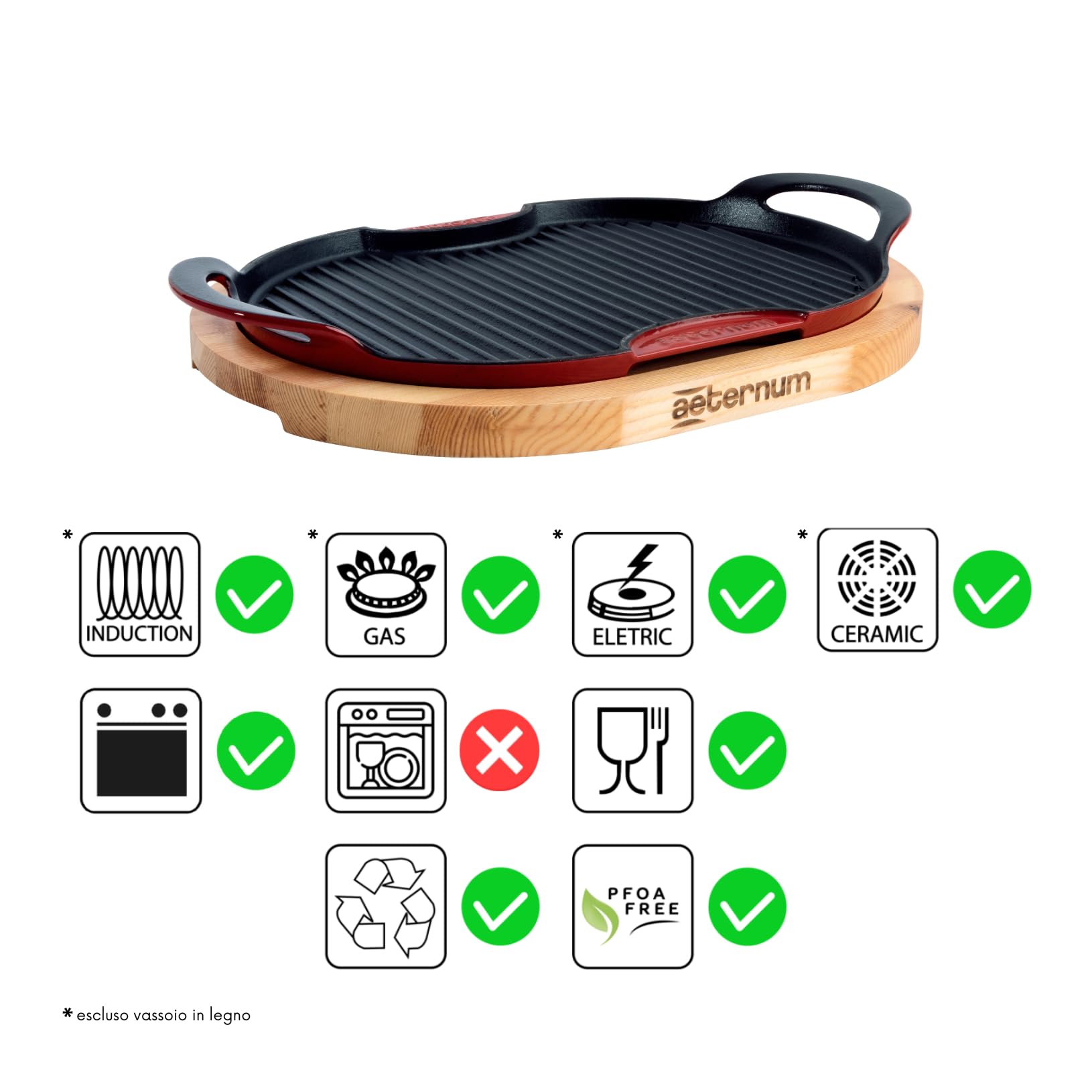 Aeternum, Ghisa Viva, Grill in Ghisa Ovale con Base in Legno, Diametro 36x26 cm, Adatto all'Induzione, Adatto al forno, Nero/Rosso, Antiaderente