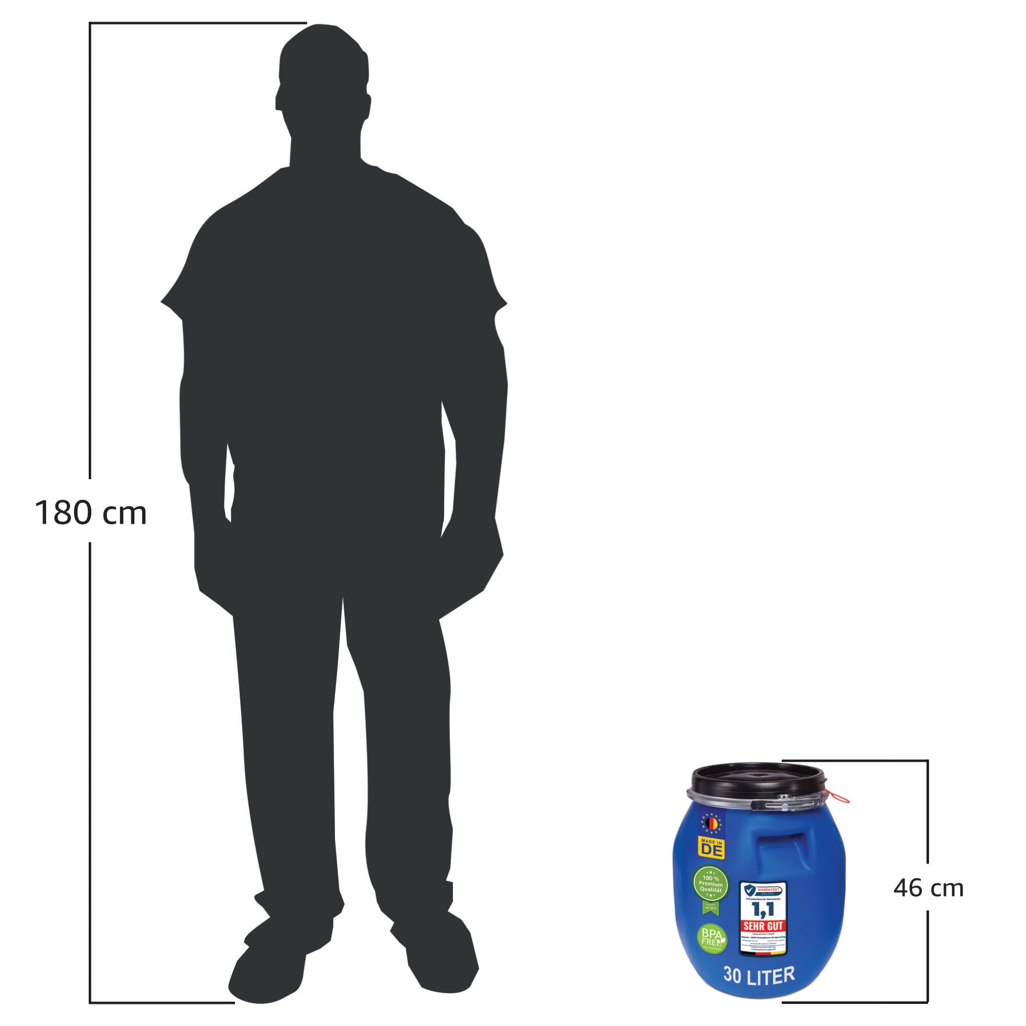 plasteo® 30 Liter Deckelfass mit Spannverschluss| Lebensmitteltauglich | Futtertonne | Luftdicht Verschließbar | Stapelbar und Palettengerecht | Stabile Griffmulden | Blau