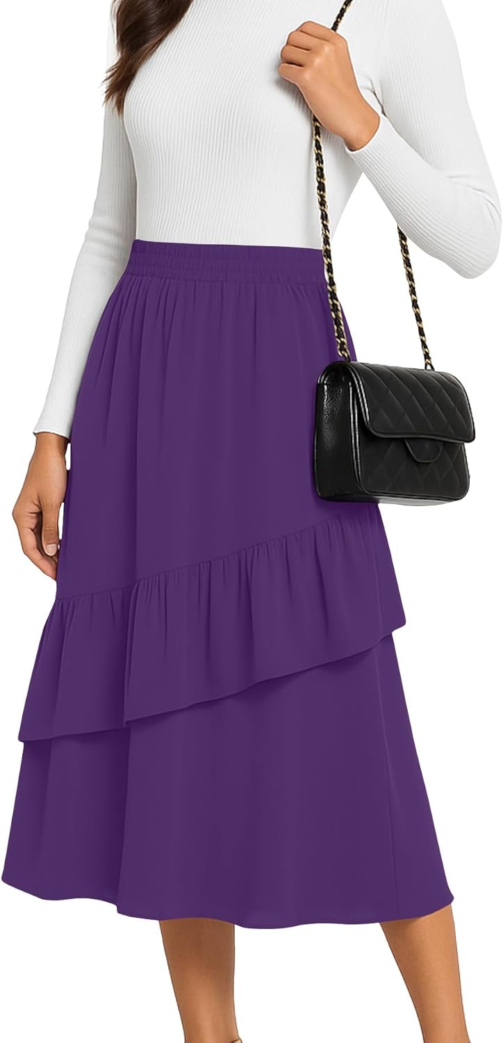 Womens Midi Skirts 2025 Summer Trendy Ruffle Elastic High Waisted Long Flowy Maxi Skirt with Pockets