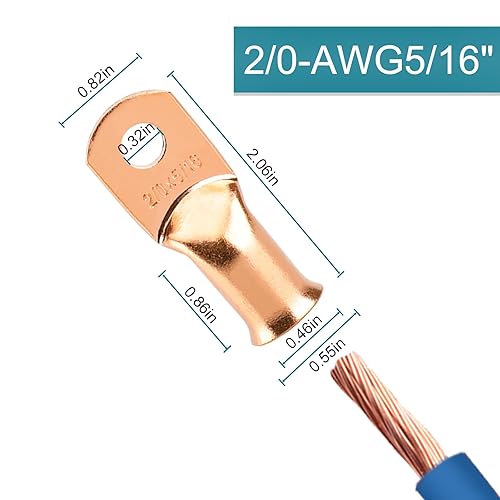 Miniatura 62 de 10 extremos de cable de batería, conectores de alambre de calibre 8, lengüetas de alambre de cobre 3/8, ojales de cobre desnudos con tubo