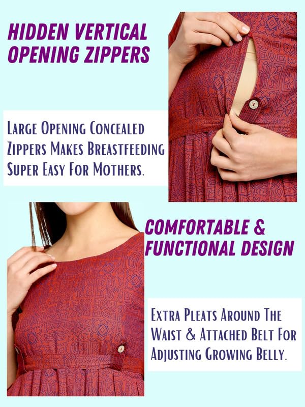 Image of DUMMY SHAPE Maternity Gown for Women | Feeding Flare Kurta with Dual Nursing Zippers for Pre & Post Partum | Maternity Dresses for Women Cotton (DS-MAT-P052 2XL, Maroon)