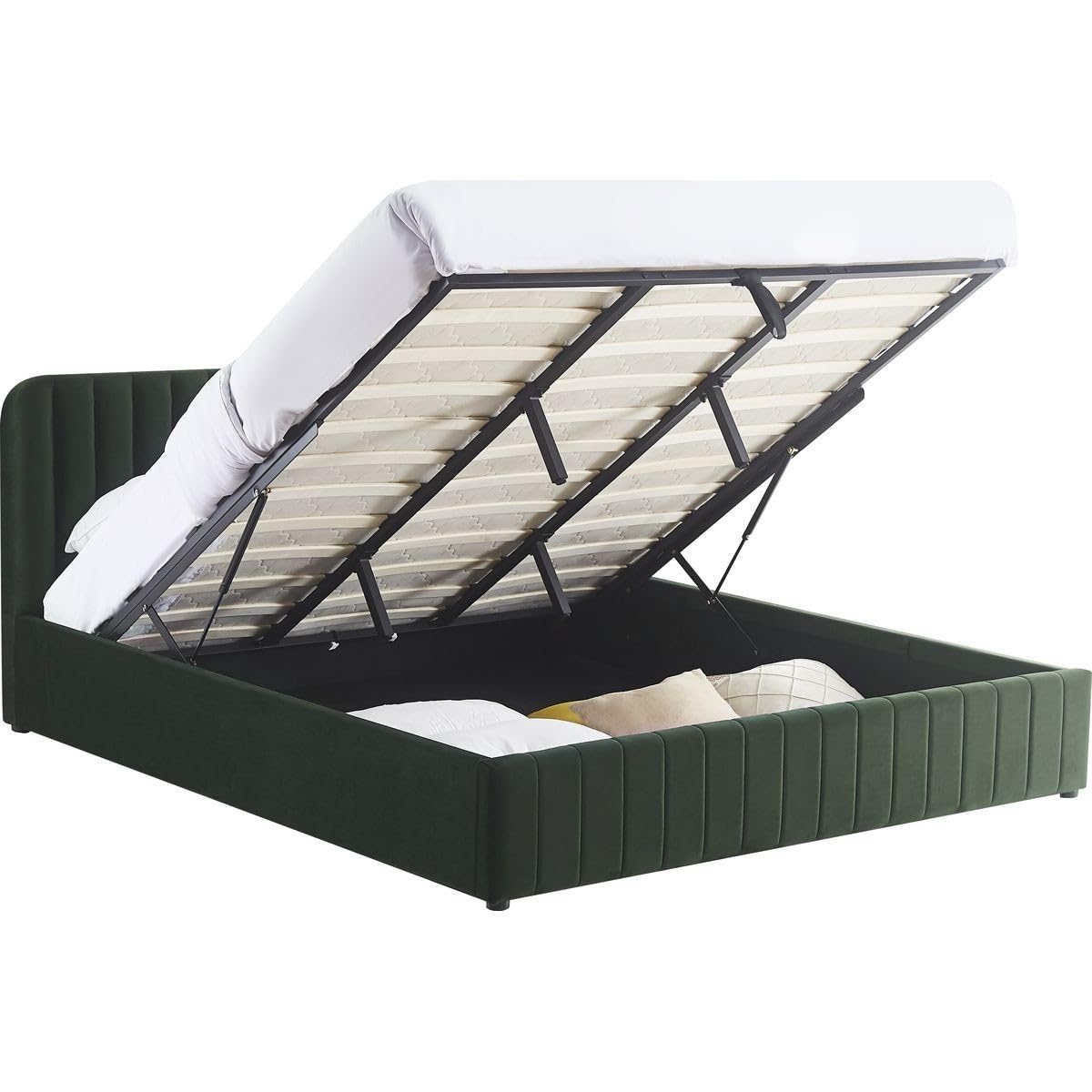 HOMIFAB Ensemble Lit Coffre Adulte 180x200cm avec tête de lit en Velours Vert Kaki - Ava + Matelas mémoire de Forme - Dual Confort