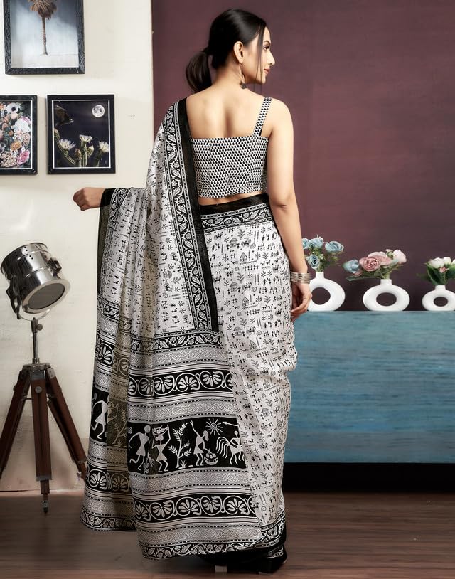 Image of SIRIL Women's Bagalpuri Silk Saree | Varli Printed Saree With Unstitched Blouse Piece