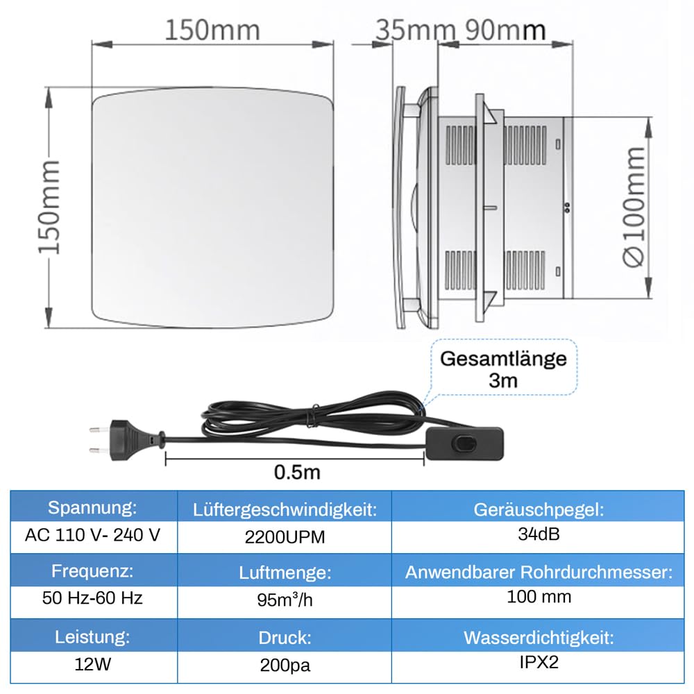 XIIW Badlüfter Ø100mm Abluftventilator mit Rückstauklappe, Badezimmerlüfter Bad Lüfter Abluftventilator mit EU-Stecker 95 m³/h, 12 Watt / 34dB Wandventilator für Bad, WC, Küche