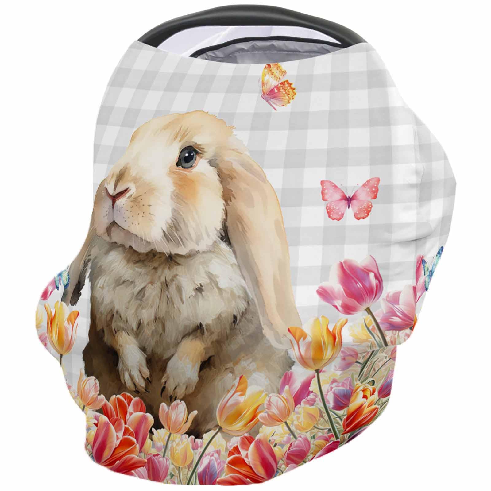 Nursing Cover for Breastfeeding Scarf, Easter Bunny Grey Buffalo Check Tulip Butterfly Baby Car Covers Super Soft Multi Use for Canopy Shopping Cart Cover Blanket Stroller Cover
