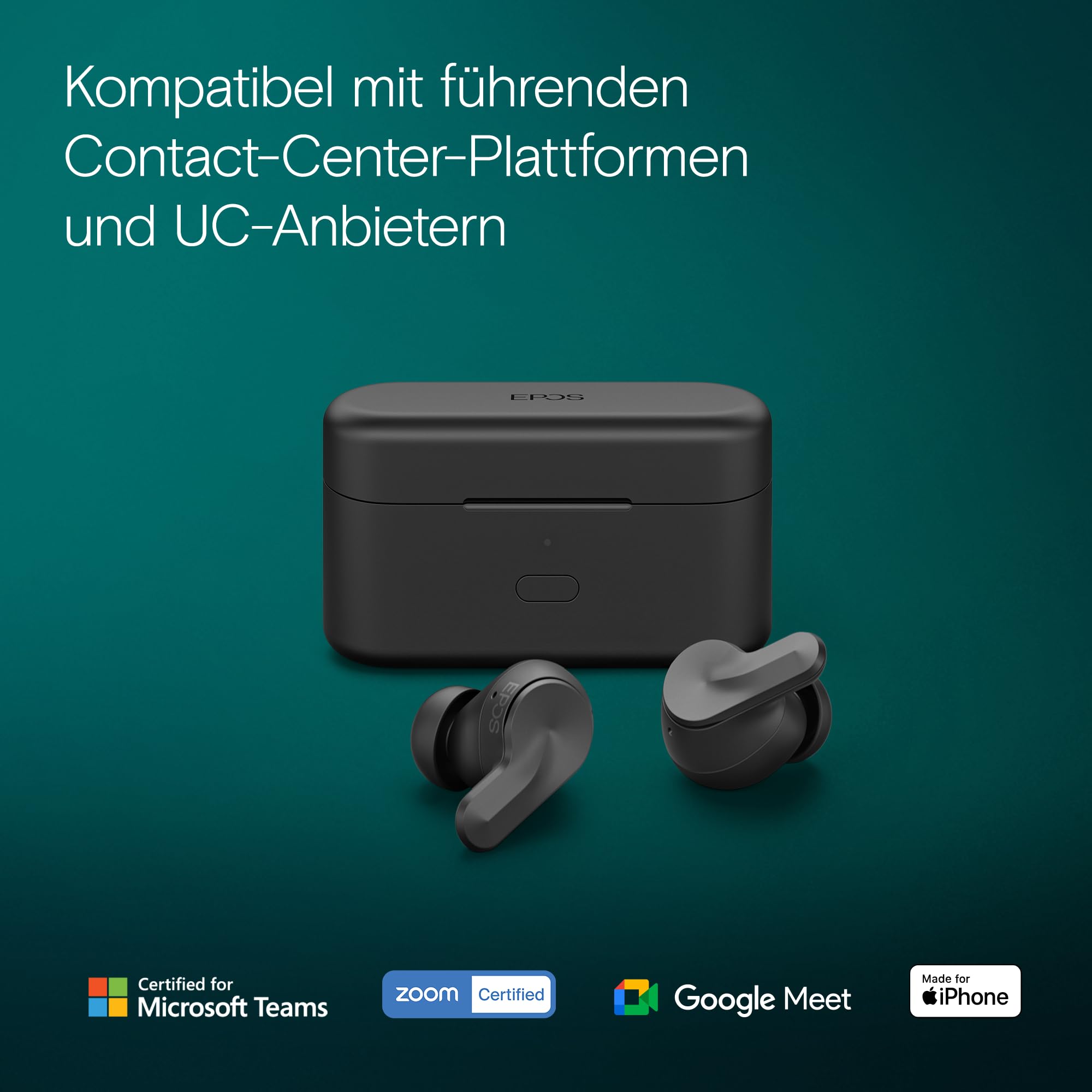 EPOS ADAPT E1 Schwarz Kabellose In-Ear-Kopfhörer – Hybrides ANC, Multi-Point Bluetooth, Microsoft Teams & Für iPhone Zertifiziert, 50H Akku, Kabelloses Laden, Halboffenes, USB C Dongle IPX5 Wasserfest