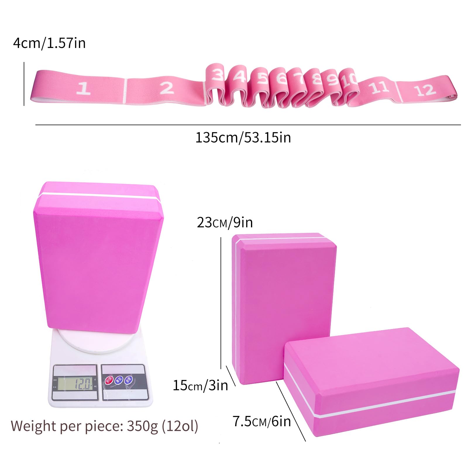 Blocchi da yoga con fascia elastica e borsa, blocchi per yoga in schiuma ad alta densità per stabilità, stretching profondo ed equilibrio, cinghia di resistenza a 12 anelli per yoga, pilates, danza e