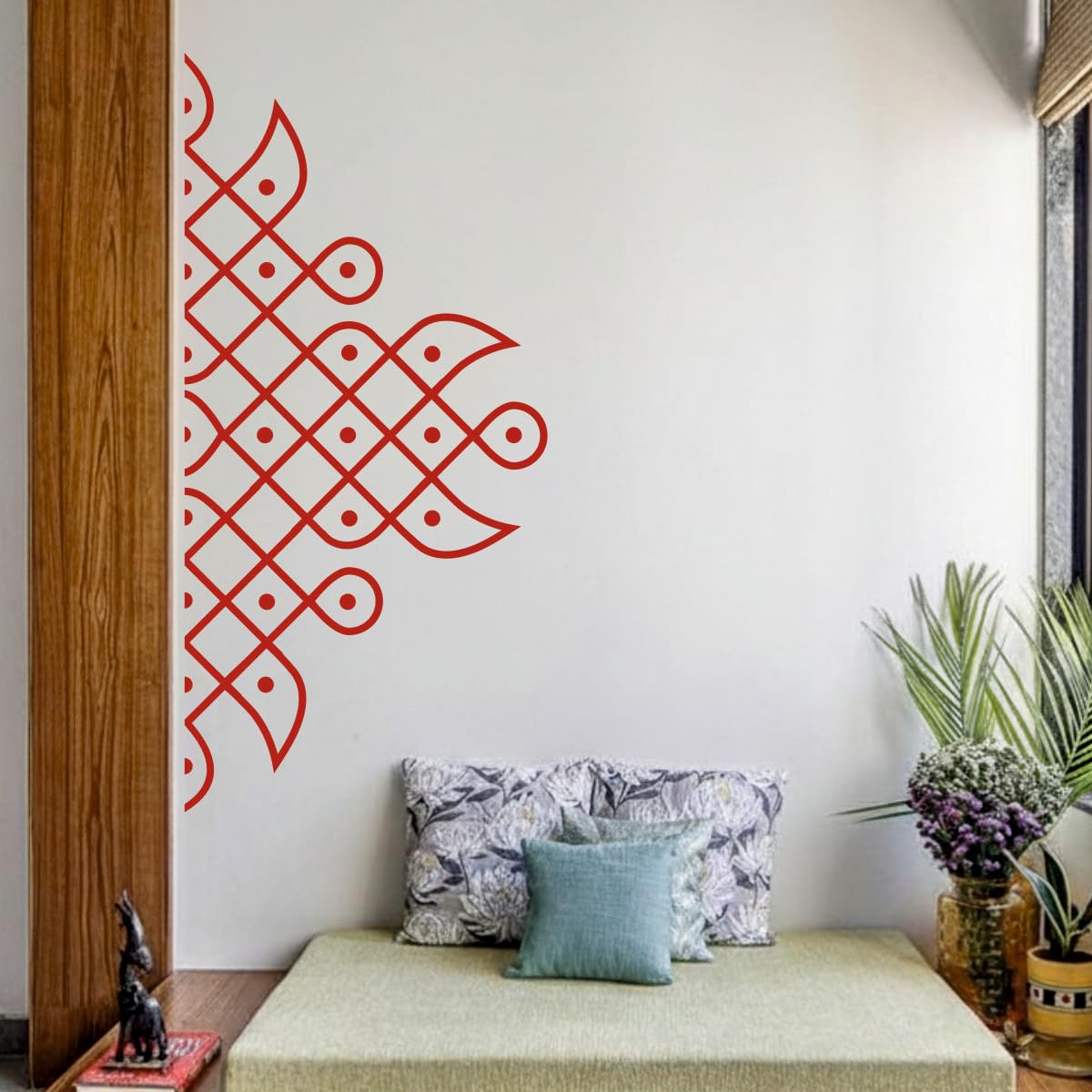 Decal O Decal Traditional Kolam Wall Sticker|Red Geometric Rangoli Pattern for Living Room & Entrance Décor Self Adhesive Wall Sticker-image-18