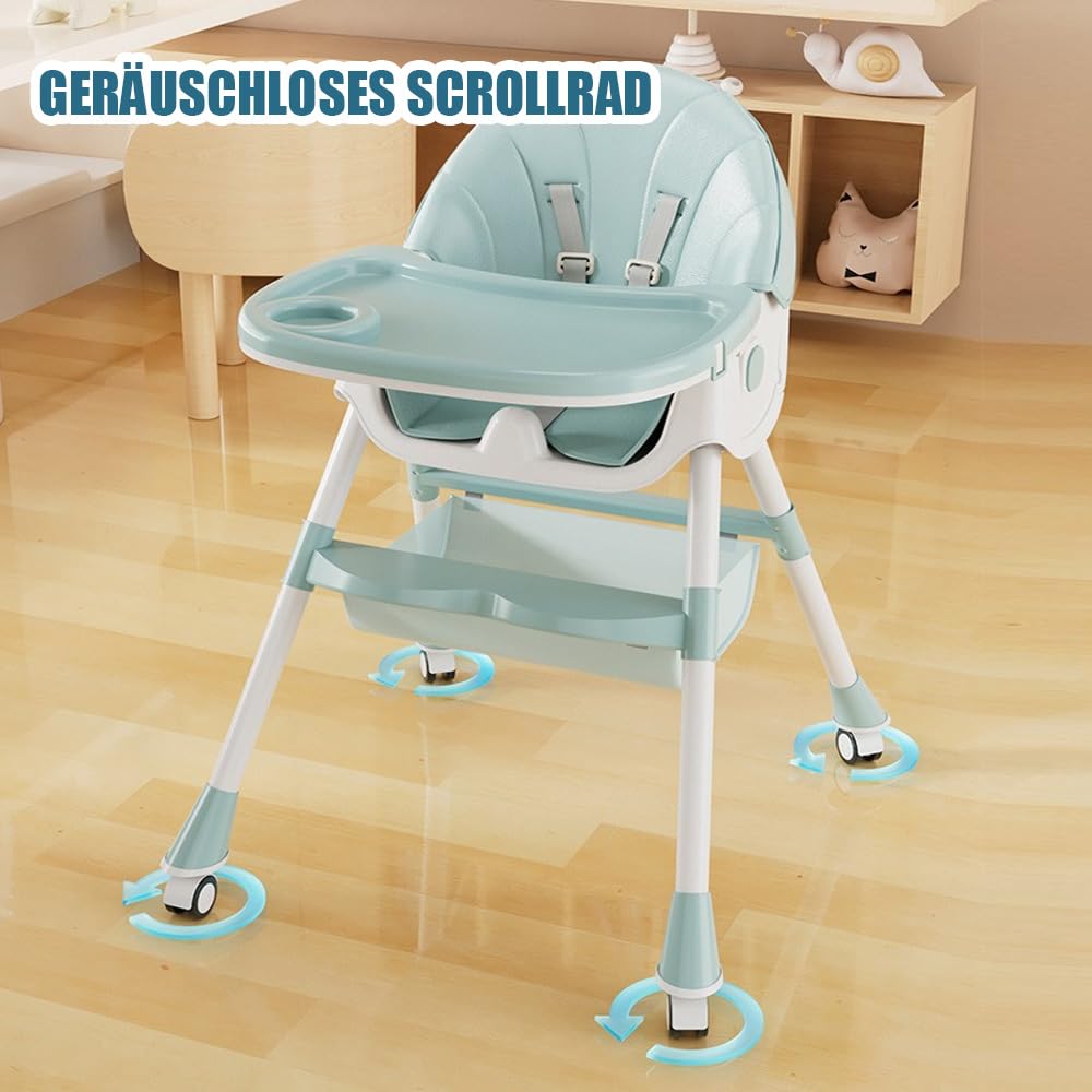 Supfine Chaise haute pour bébé 3 en 1, réglable avec ceinture de sécurité à 5 points, planche à manger amovible, hauteur réglable 87 cm, pliable, pour bébés et tout-petits (vert, 5 en 1)