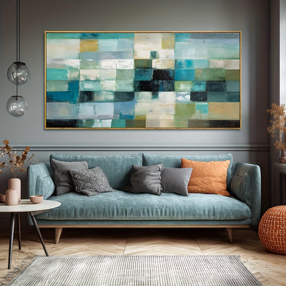Tableau abstrait sur toile moderne 35x65cm vert et bleu - 8