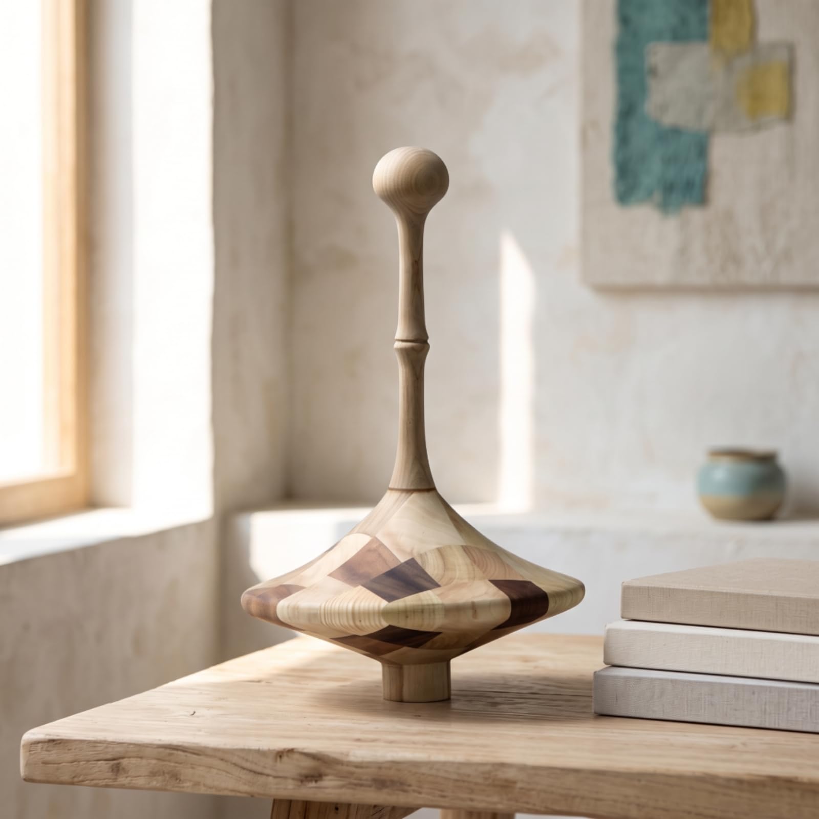 MagiDeal Trompo Decorativo de Madera Escultura Adorno Figura en con Visibles y Cuerpo Geométrico Pieza de Mesa con Base Corta Adecuado para Estantería Sala de Estar