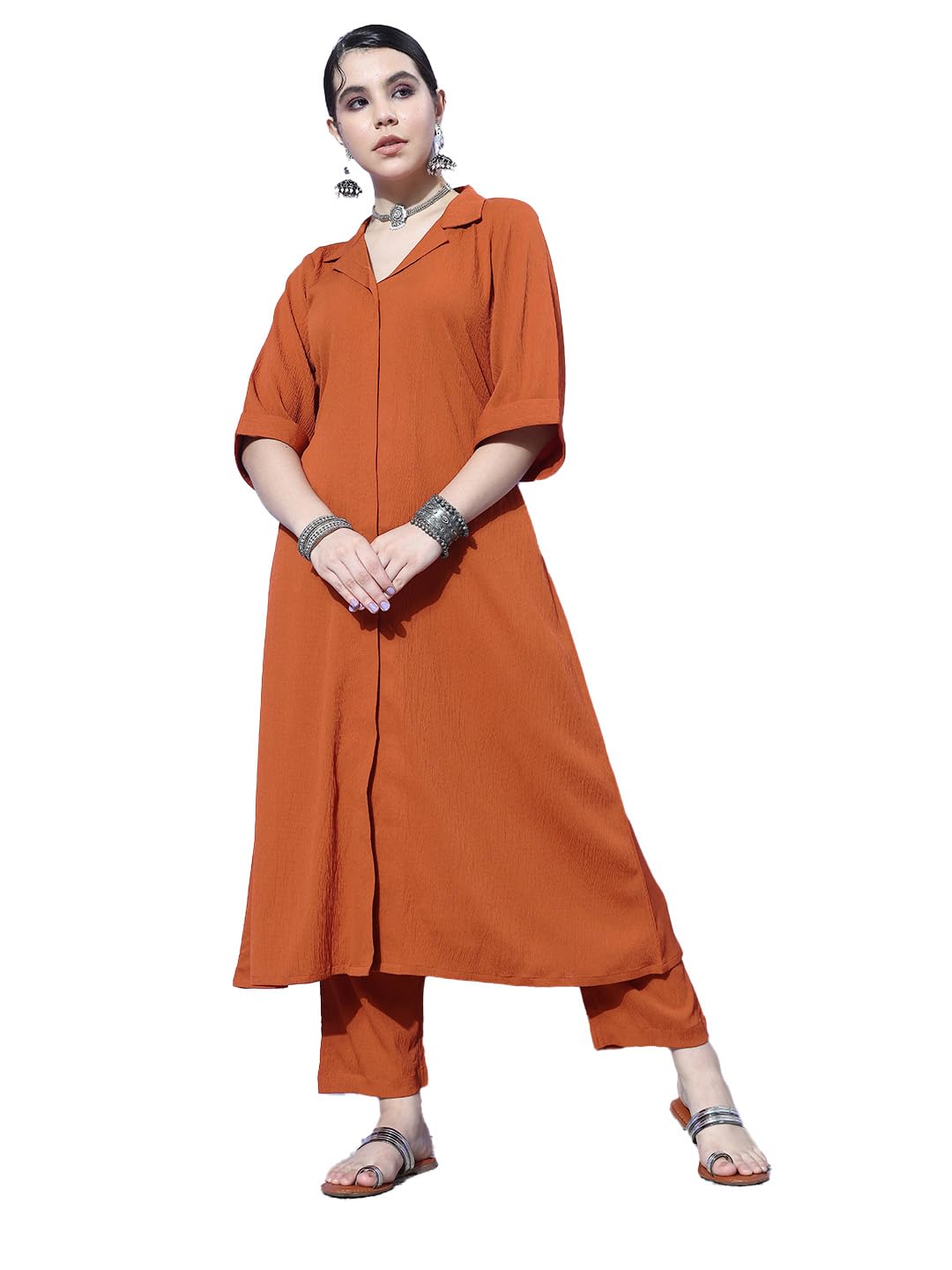 Varanga Women Rust Shirt Collar Neck A-Line Kurta Paired With Tonal Bottom  Elegant & Comfortable Ethnic Wear For Women
