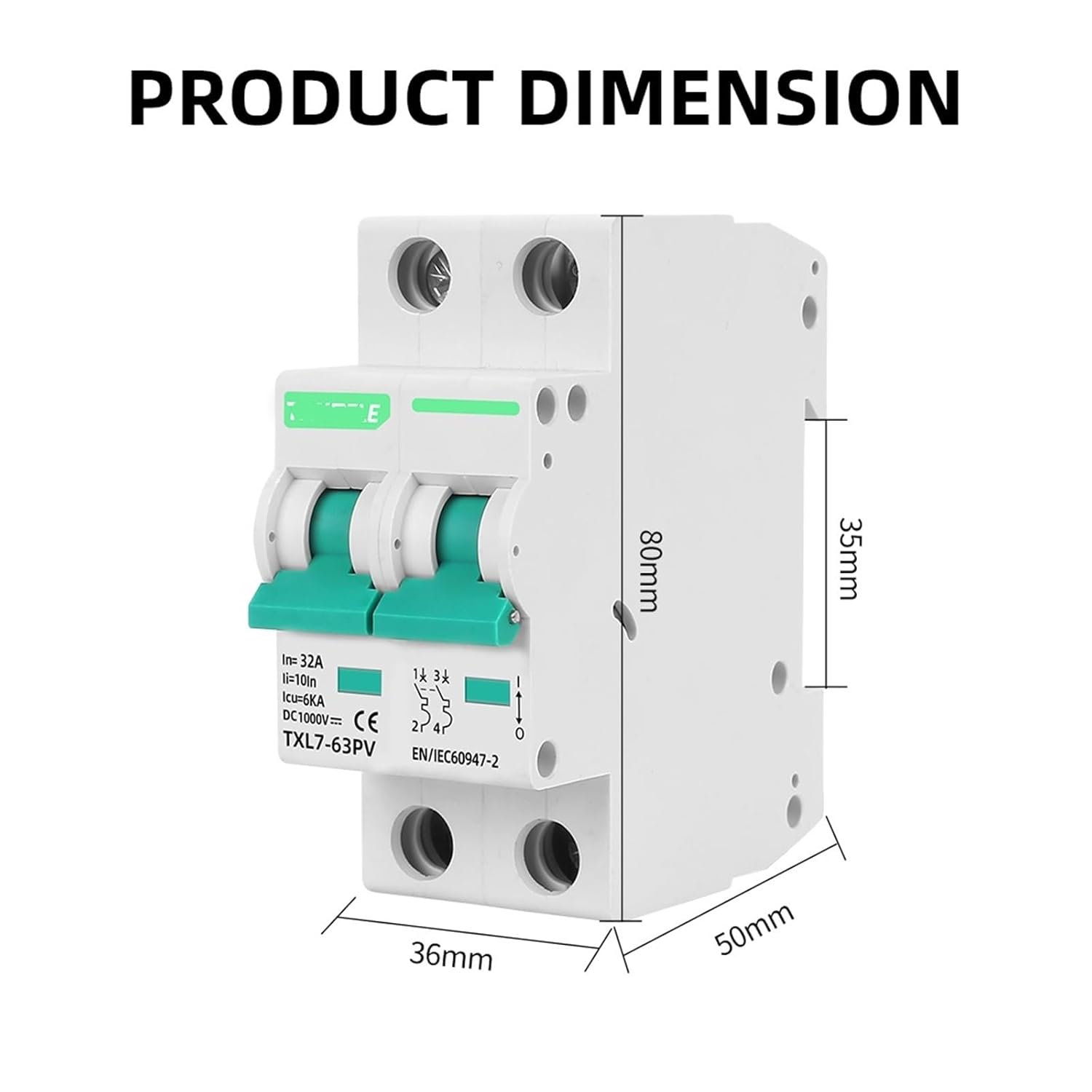 2P DC 1000V L7 Solar Circuit Breaker Overload Protection Switch 10A 16A 20A 25A 32A 40A 50A 63A Photovoltaic PV(16A)