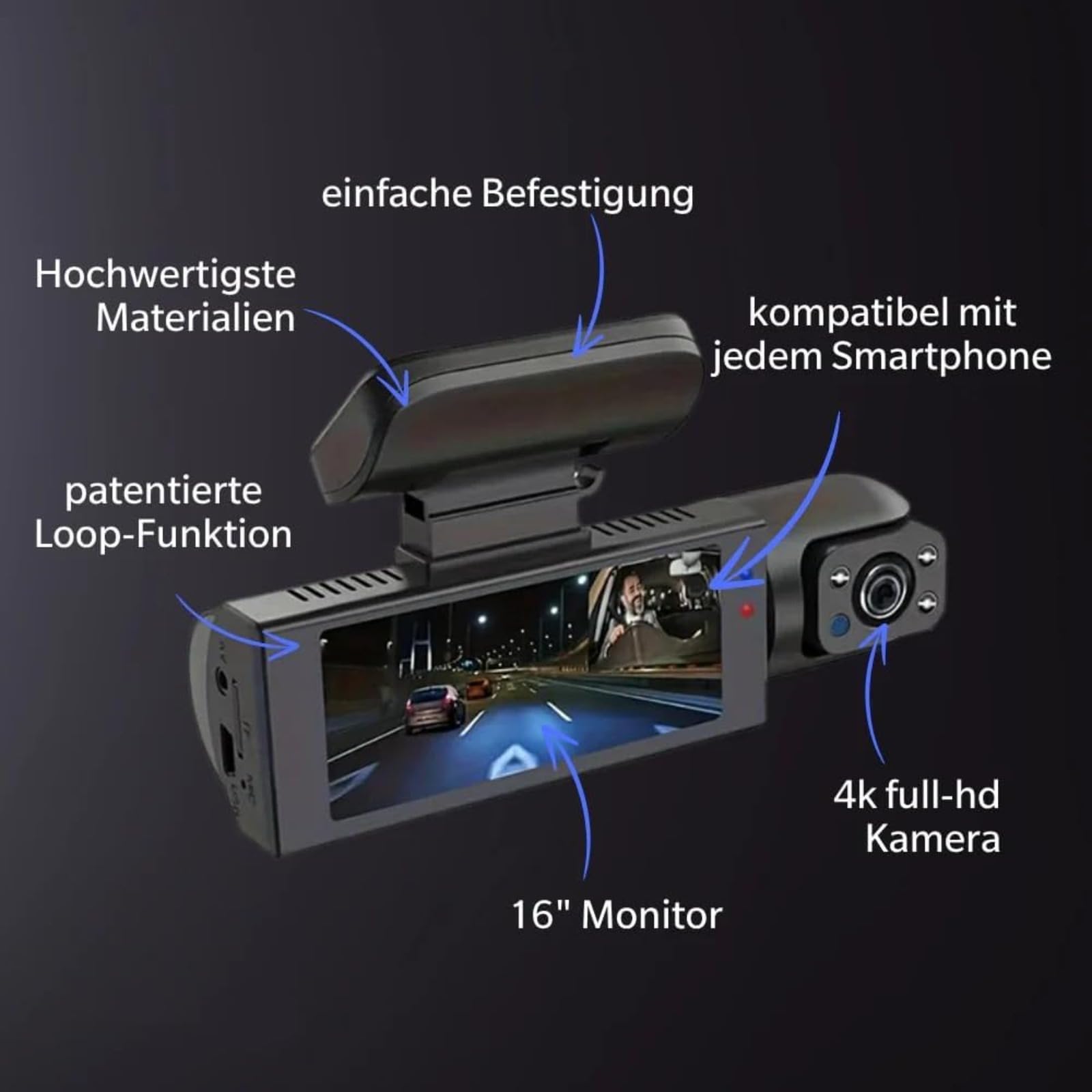 Hoffmarkt DriveGuard Dashcam Auto Kamera mit Super Nachtvision, Full HD 1080p, Loop Aufnahme, Parkschutz, Bewegungserkennung (Front & Innen + 32GB)