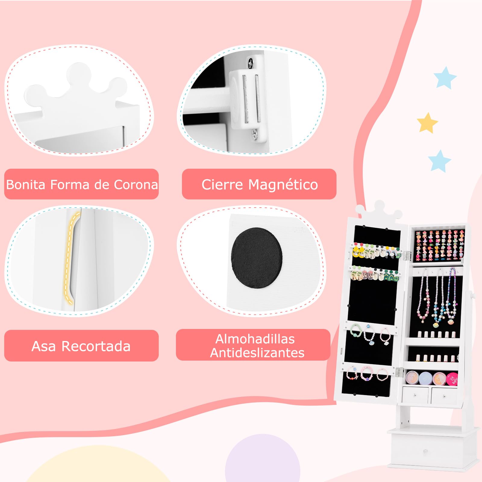 COSTWAY Armario de Joyería para Niños con Espejo y 3 Cajones, 2 Ángulos de Inclinación Ajustables y Sistema Antivuelco, Espejo Vestidor con Forma de Corona para Niños de 3+ Años (Blanco)