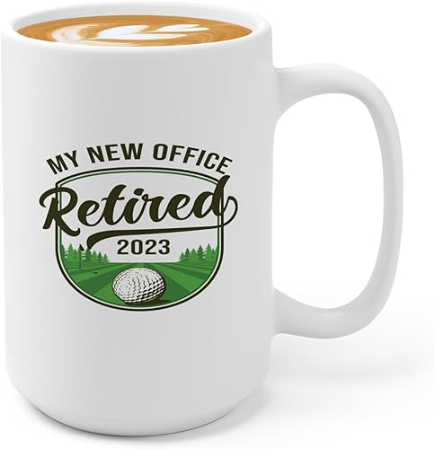 Taza de café de golf de 15 onzas, color blanco, nueva oficina 2023, regalo de golf jubilado, abuelo, golfista jubilado, papá, regalos de golf para