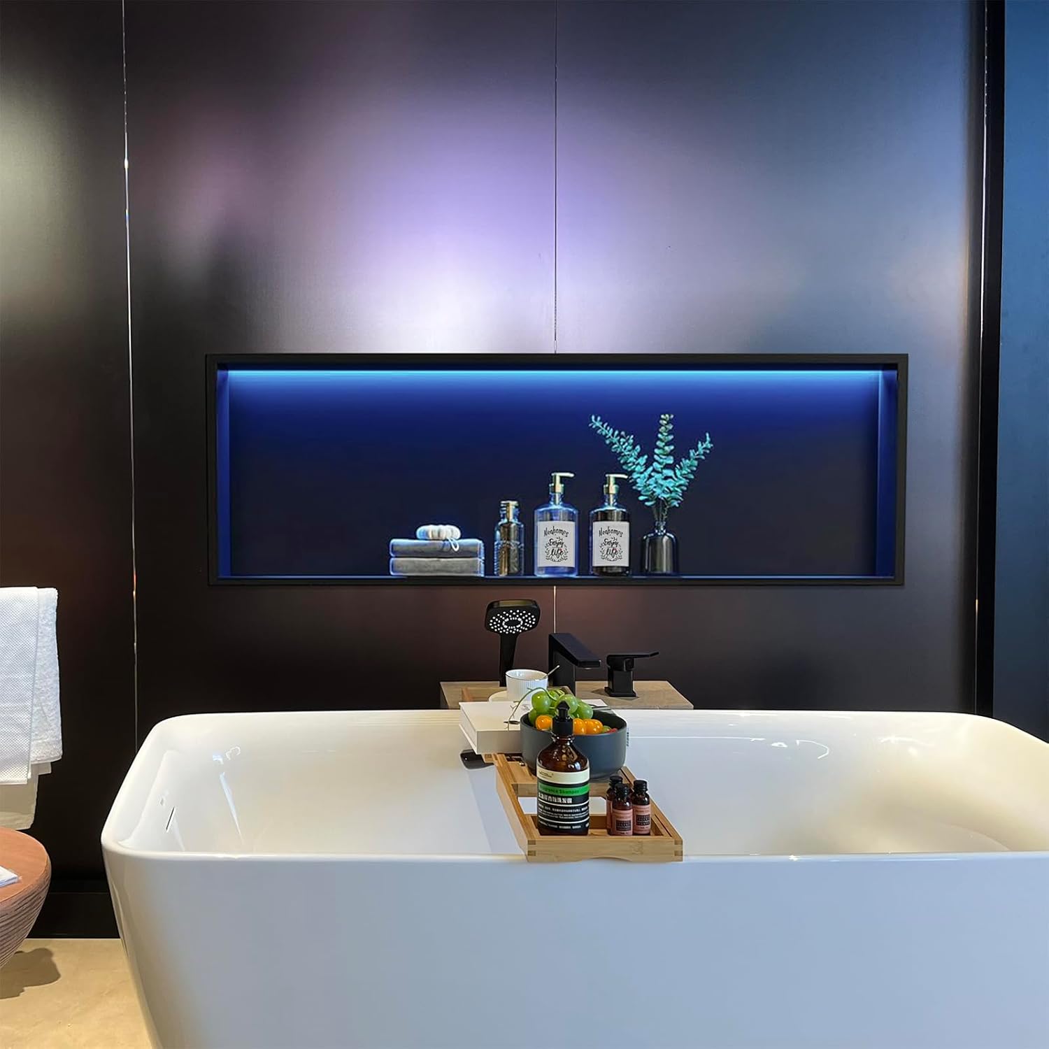 RGB LED Light Shower Niche, Matte Black 36X12 in Stainless Steel Wall Niche with Remote Control, Waterproof No Tile Needed Wall Niche for Bathroom Storage Over Mount Installation Matte Black 36X12In