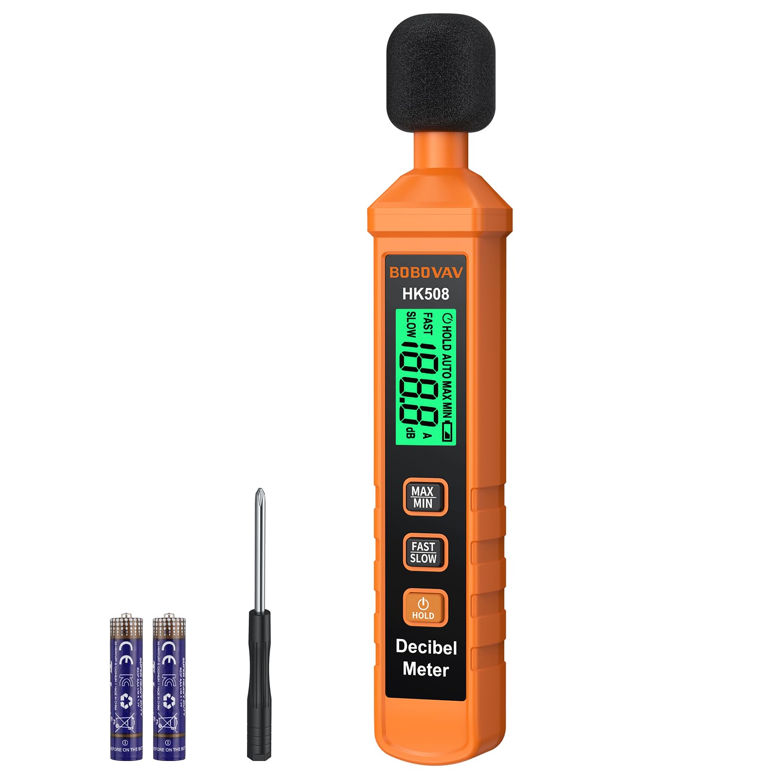 BOBOVAV Decibel Meter Sound Level Reader, Portable with 30-130dB Range, 125ms Fast & 1s Slow Response Modes, A-Weighted, Max/Min Hold, Low Battery Alert, for Home, Factory, Classroom, Noisy Neighbors