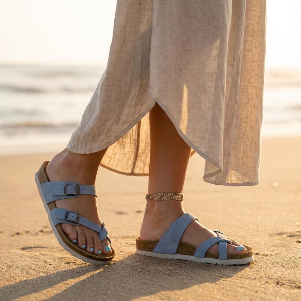 CUSHIONAIRE Luna Sandals for Women, Cork Footbed Womens Sandals for Summer Comfort with Adjustable Straps, Wide Width Available - Image 2