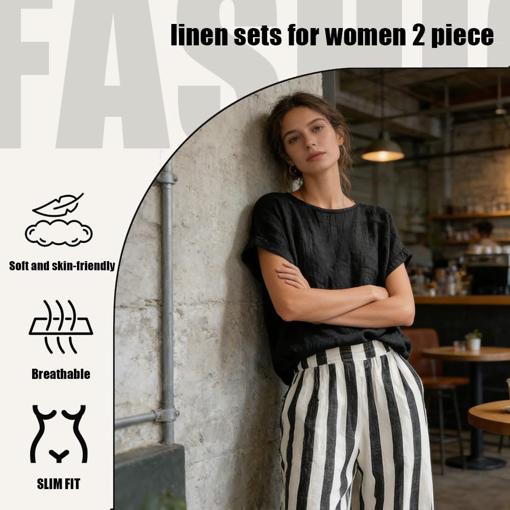 Cozy Loose-fit Striped Cotton-linen Two-piece Set, Elegant Minimalist T-shirt And Striped Wide-leg Pants Cotton-linen Set