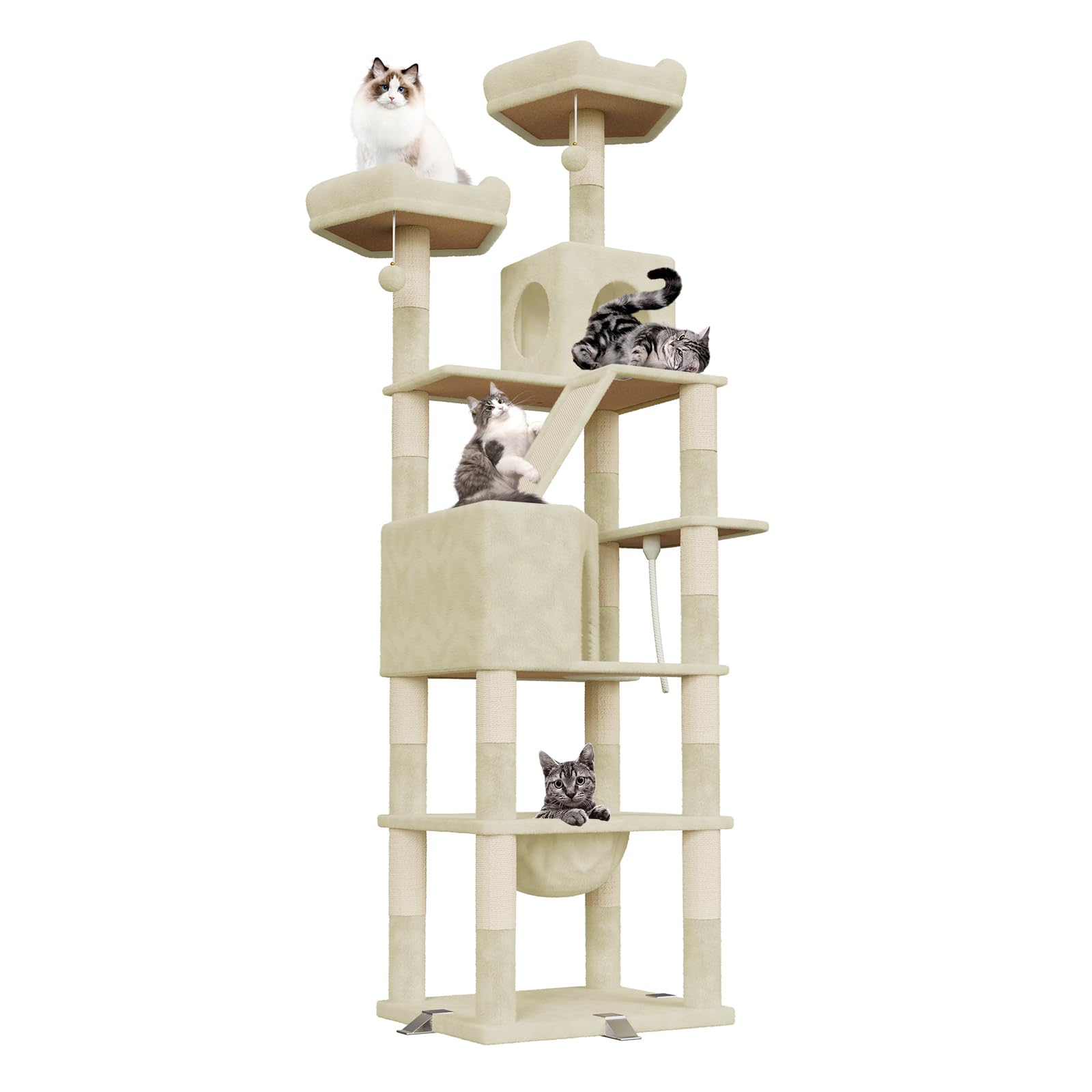 Dogat 208cm Tall Cat Tree, Anti-Tip Design Cat Tree for Indoor Large Cats, Multi-Level Cat Tower with 15 Scratching Posts, 2 Perches, 2 Caves, 1 Scratching Ramp and Hammock (Beige)