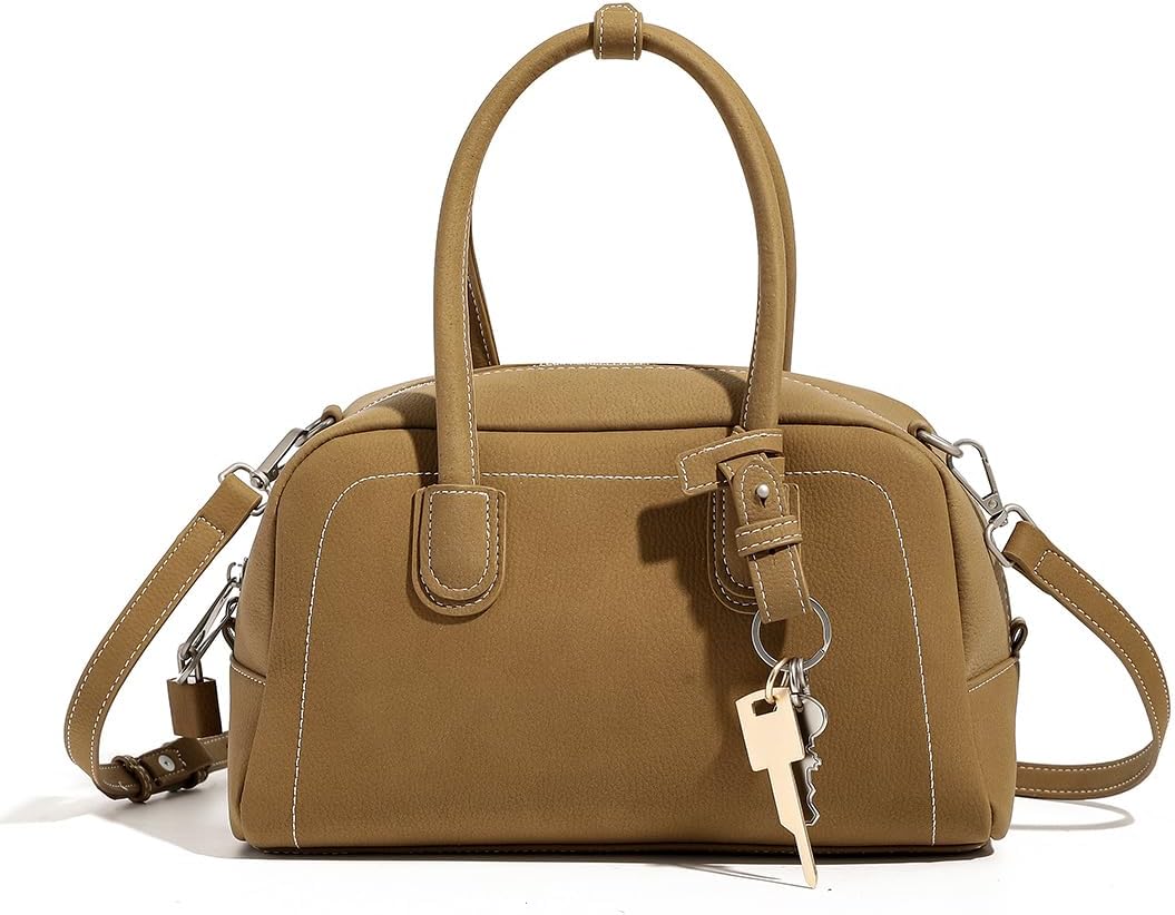 Top Handle Barrel Purse for Women Medium Suede Leather Crossbody Bags Vintage Work Totes Satchel Shoulder Handbag