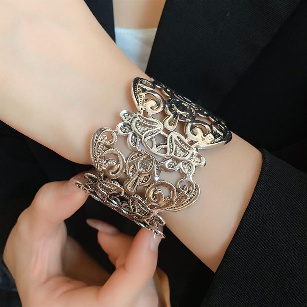 OIDIMS Vintage Hollow Flowers Cuff Bracelet for Women Trendy Wide Cuff Bracelets Open Wristbands Bangle Gold-Tone Plated Chunky Upper Arm Armband Boho Fashion Statement Holiday Jewelry for Mom Wife - Image 3
