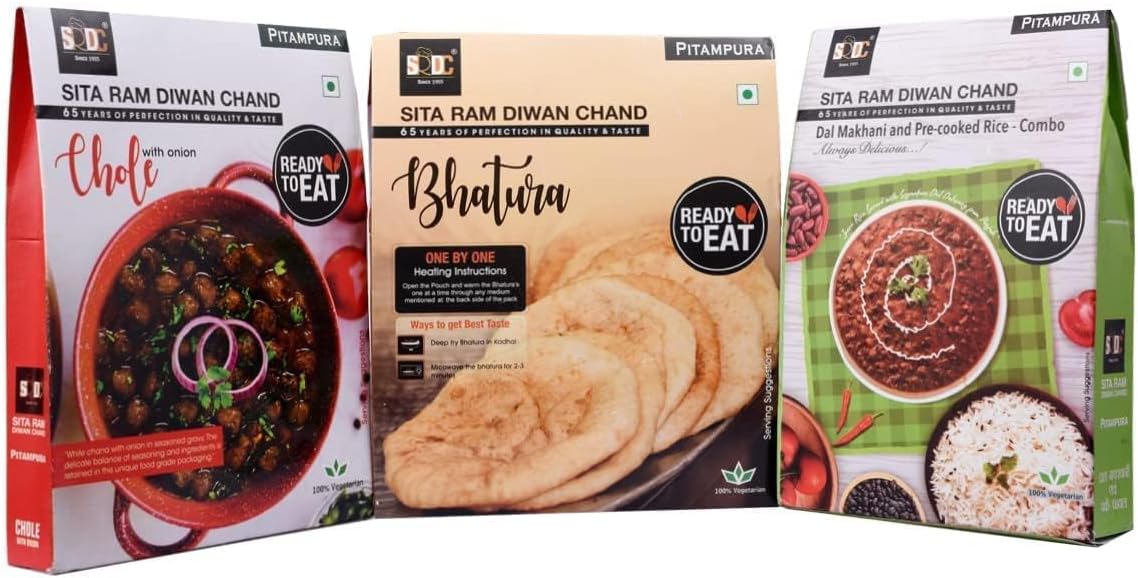 Sita Ram Diwan Chand - Ready To Eat Chole 300gm + Bhature 4 Pcs + Dal Makhani Rice Combo 300 Gram each | Hygienic No Preservatives - No Artificial Flavors | Natural Ingredients & Vegetarian, (Pack of 3)