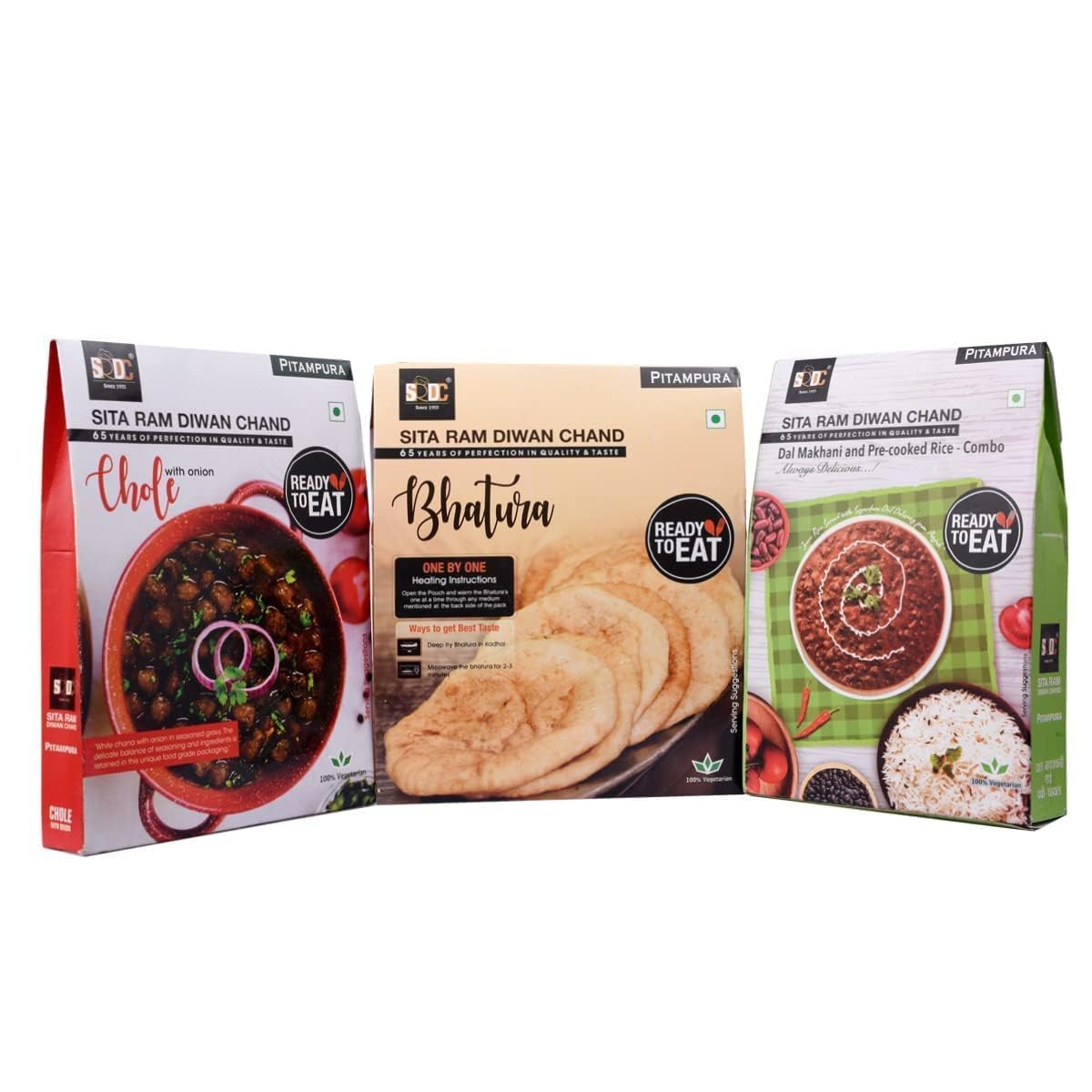 Sita Ram Diwan Chand - Ready To Eat Chole 300Gm + Bhature 4 Pcs + Dal Makhani Rice Combo 300 Gram Each| Hygienic No Preservatives - No Artificial Flavors| Natural Ingredients & Vegetarian, (Pack Of 3)