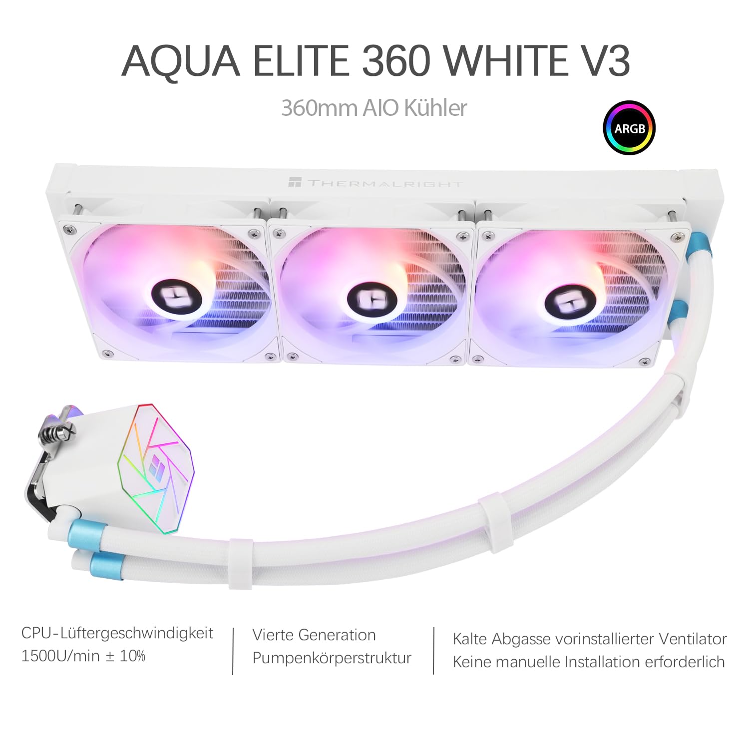 TR-Thermalright Aqua Elite 360 Blanco V3 Enfriamiento de CPU por Agua Completa Especificación AIO Refrigerador de PC, 3x120mm Ventilador ARGB, Instalación Sencilla, Compatible con AM5/AM4, LGA1851