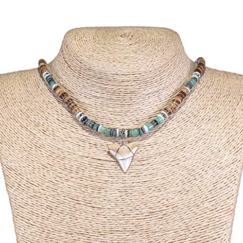 Bluerica Bull Shark Tooth Pendant On Tiger Coconut Beads & Green Shell Beads Necklace (18") #TOP1