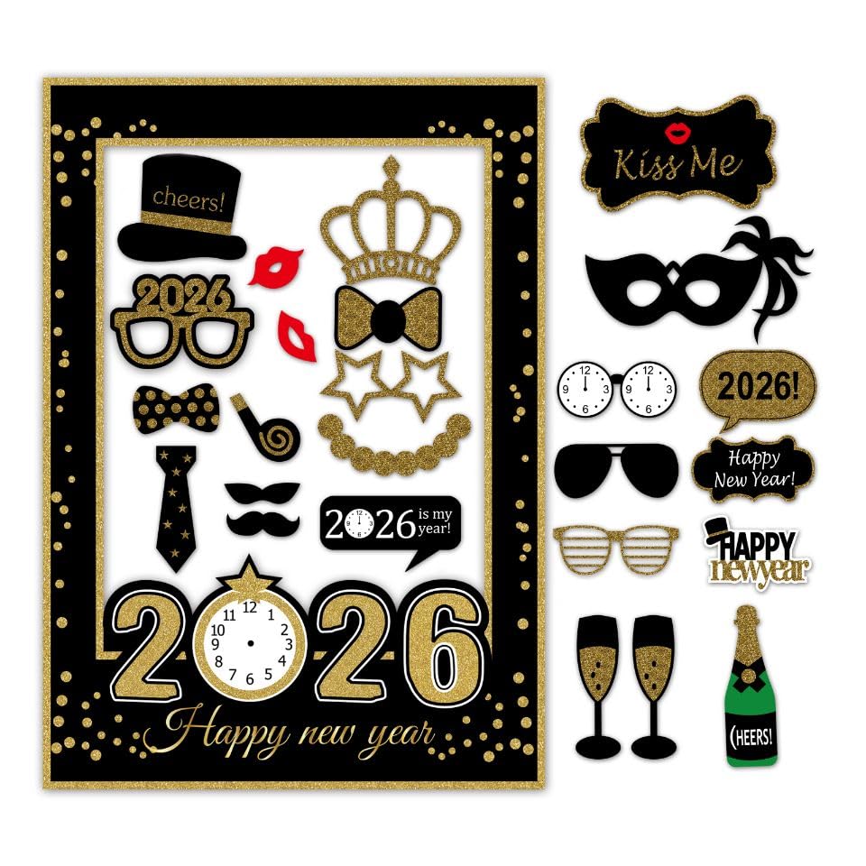 2026 Happy New Year's Eve Party Photo Booth Props Decorations with Frame(Pack of 26)