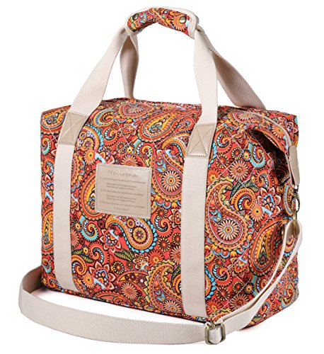 Malirona Ladies Women Canvas Travel Weekender Overnight Carry-on Shoulder Duffel Tote Bag Bohemian Flower (Red Flower)