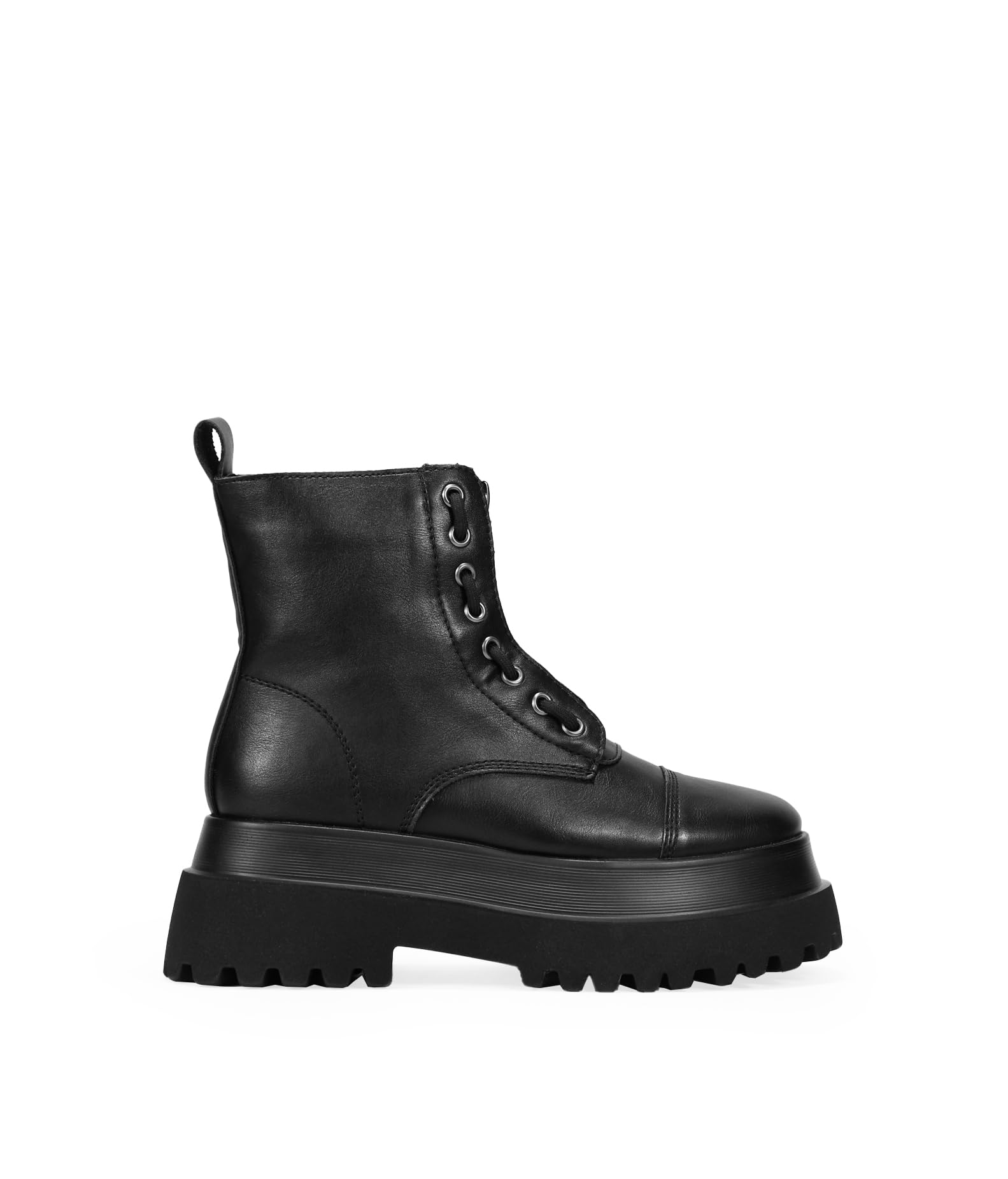 BOSANOVA Bottes militaires noires avec fermeture éclair centrale, détail de lacets et semelle plate-forme track.