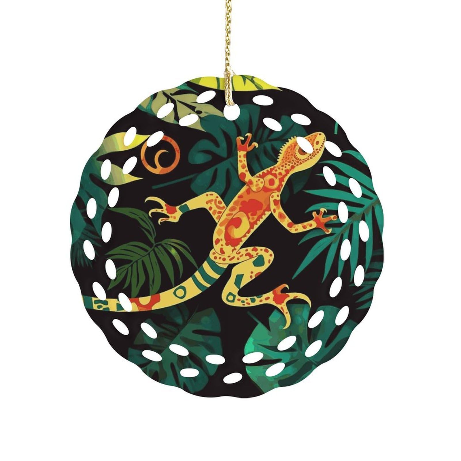 Fekiloot Women's Style Gecko And Tropical Leaves Ceramic Ornaments 3 Inch Round,Holiday Keepsake For ,Girls,Pet Owners,Hanging Ornament Gifts Idea For Home