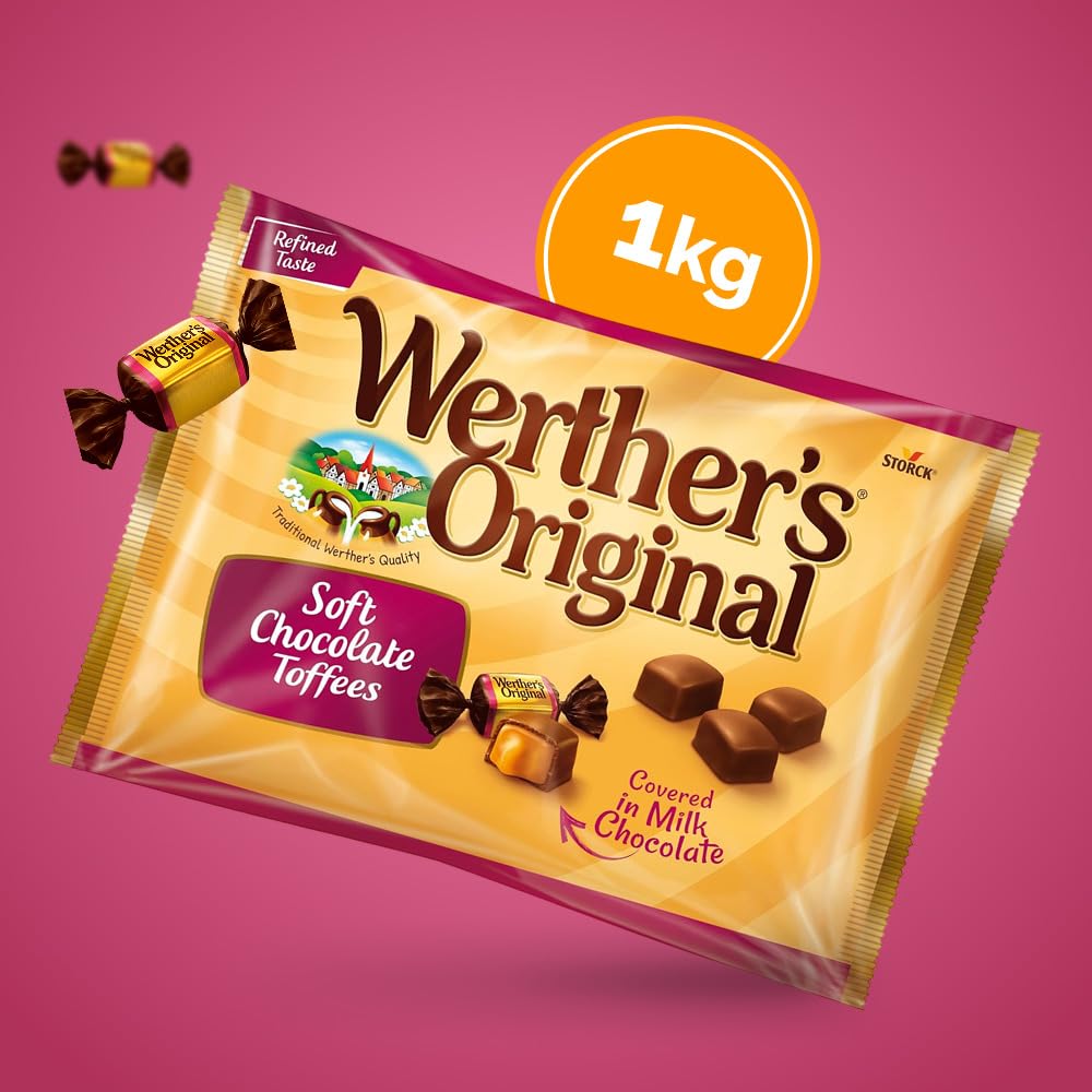 Werther's Original Caramelos Toffee Blandos de Mantequilla y Nata Cubiertos de Chocolate - Formato Ahorro Bolsa 1 kg - Sin Gluten y Aptos para Vegetarianos - Ideales para Picar, Regalar y Compartir