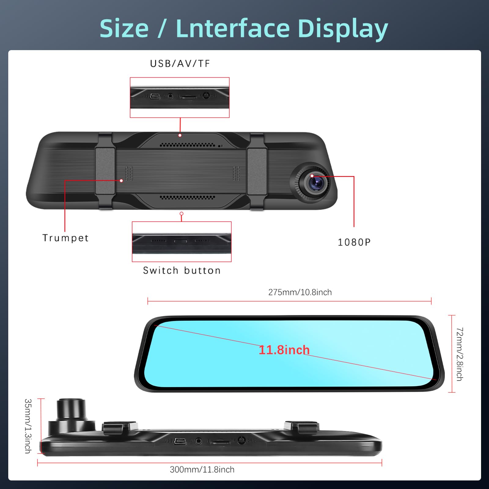 11.8 Pulgadas Espejo retrovisor con Camara - Delantero y Trasero Vista de Copia de Seguridad de cámaras para Coches - Grabación en Bucle Asistente de Aparcamiento G-Senors + 64G Tarjeta