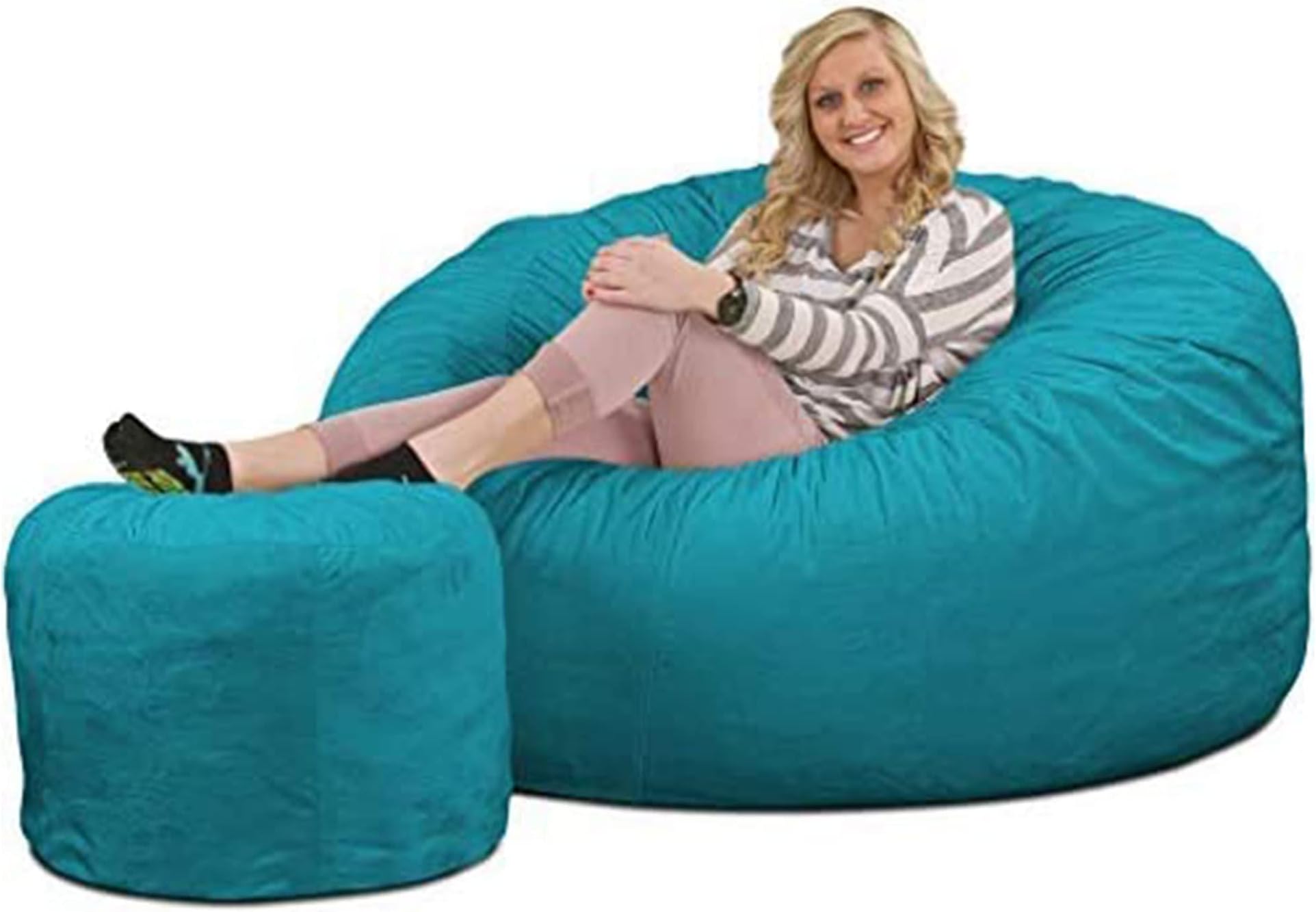 ULTIMATE SACK | 6 Ft Bean Bag Chair &Foot Stool | Teal Suede | Foam Filled - Removable Washable Cover