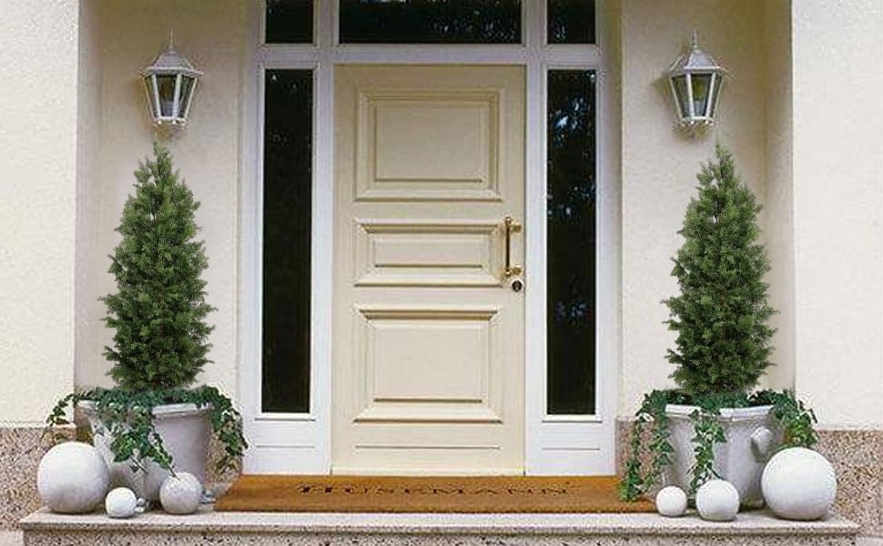Aveyas 5ft Artificial Cedar Topiary Trees for Outdoor Front Porch Door, 5 Feet Faux Potted Plants Evergreen Fake Silk Pine Cypress Tree for Outside Home Decor (5 ft Tall) - Set of 2 Pack