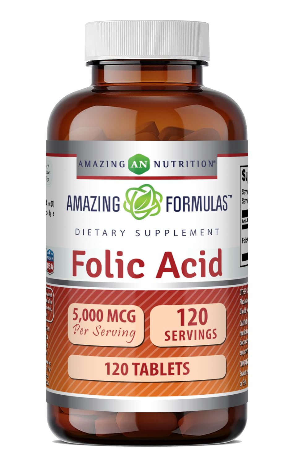 Amazing Formulas Folic Acid 5000 Mcg per Serving | Tablets Supplement | Non-GMO | Gluten-Free | Made in USA (1 Pack | 120 Count)