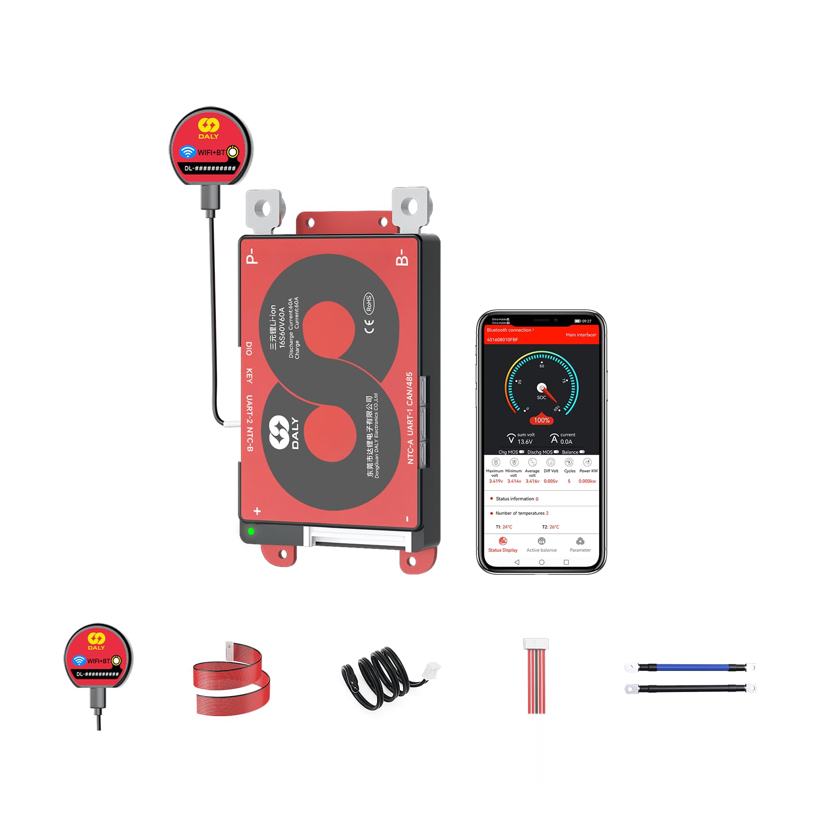 DALY Smart 16S BMS 60V 60A with WiFi Module and CAN 485 Communication Protection Board for Li-ion Lithium Battery Pack(Li-ion 16S 60V，60A)